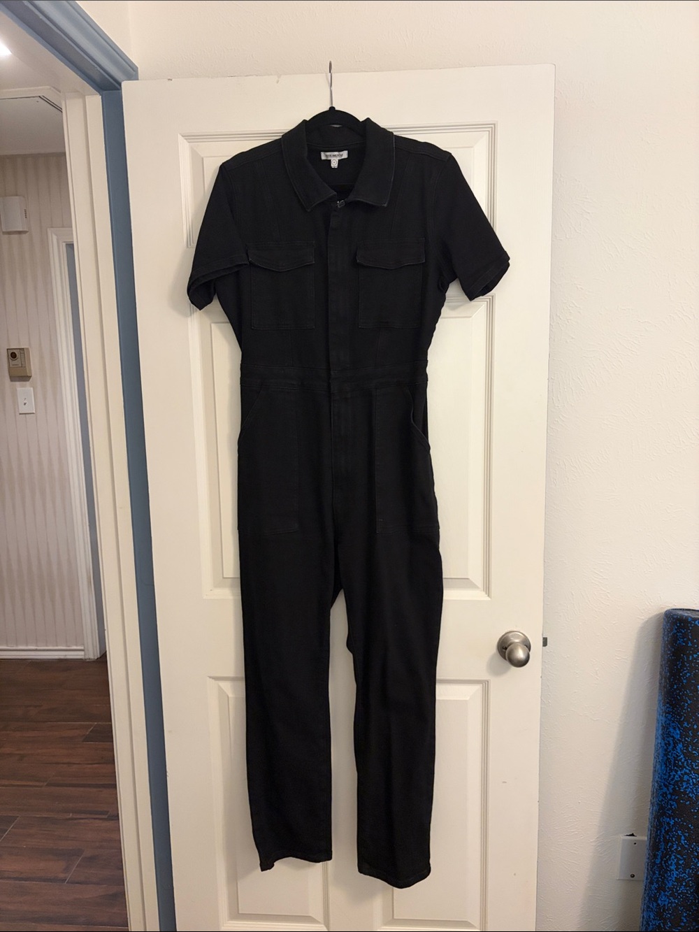 Good American Black Short-Sleeve Utility Denim Jumpsuit